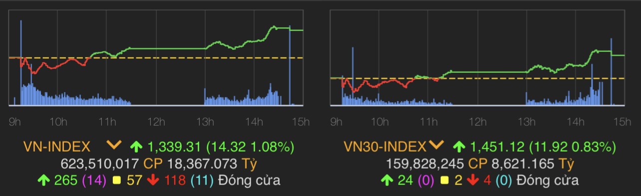 VN-Index tăng 14,32 điểm (1,08%) lên 1.339,31 điểm.