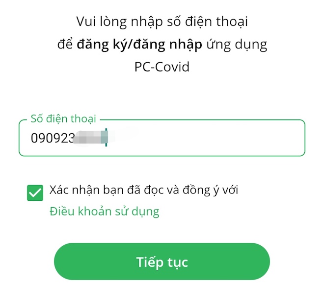 Nhập số điện thoại, tick vào "Xác nhận bạn đã đọc và đồng ý Điều khoản sử dụng" > nhấn "Tiếp tục".