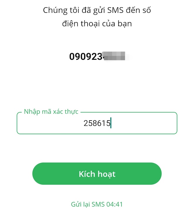 Nhập mã OTP gửi về số điện thoại đã khai báo ở bước trước > nhấn "Kích hoạt".