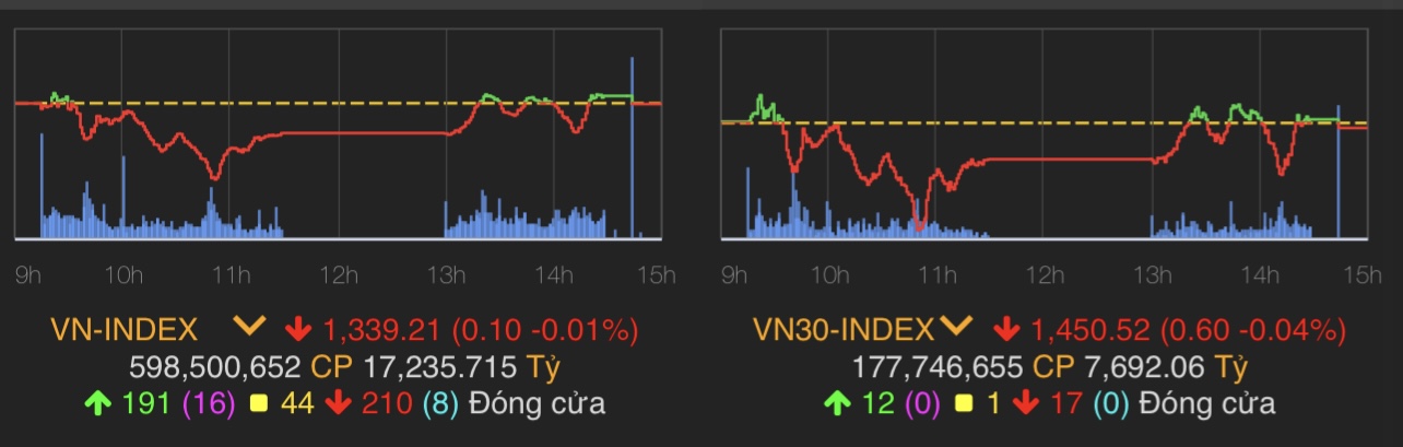 VN-Index giảm 0,1 điểm (0,01%) còn 1.339,21 điểm.