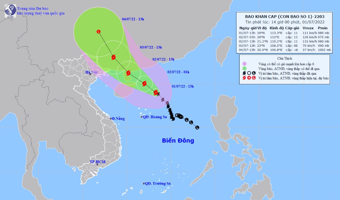 Vị trí và hướng di chuyển tiếp theo của bão số 1 Chaba (Ảnh: Trung tâm Dự báo KTTVQG)