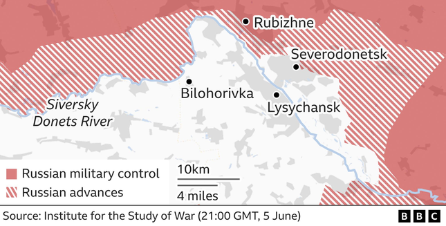 Nga đang nỗ lực giành quyền kiểm soát Lysychansk sau khi kiểm soát thành phố "sinh đôi" Sievierodonetsk. Ảnh: BBC