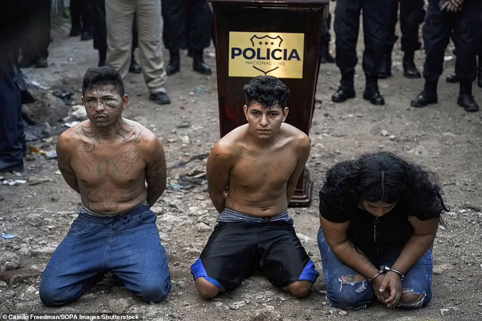 3 thành viên thuộc băng Barrio 18 Surenos bị bắt quỳ (ảnh: Daily Mail)