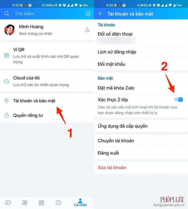 Kích hoạt xác thực 2 lớp trên Zalo. Ảnh: TIỂU MINH
