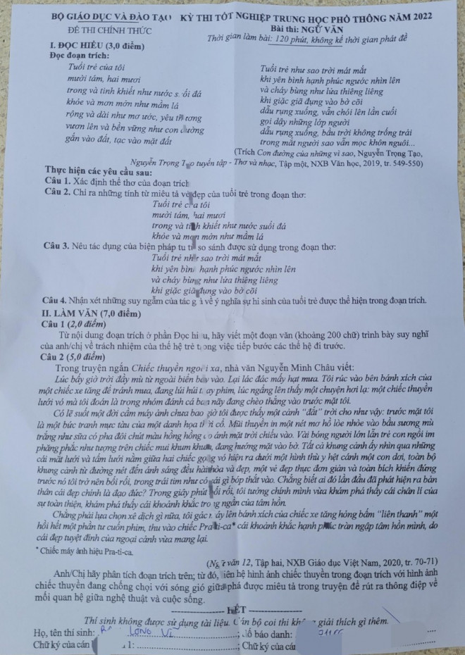 Cập nhật đề thi môn Ngữ văn kỳ thi tốt nghiệp THPT 2022: &#34;Chiếc thuyền ngoài xa&#34; - 1