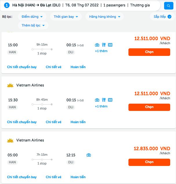 Trên wesite về du lịch traveloka, với chặng Hà Nội – Đà Lạt di chuyển trong ngày 8/7 có giá 12.835.000 đồng/vé thương gia hãng Vietnam Airlines.