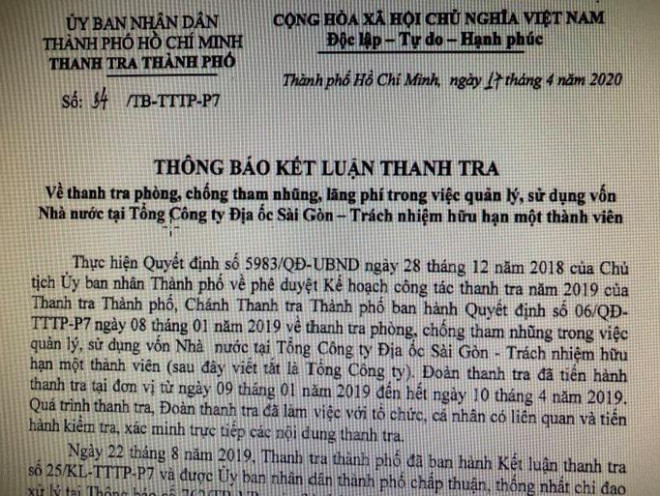 Kết luận của Thanh tra TP HCM