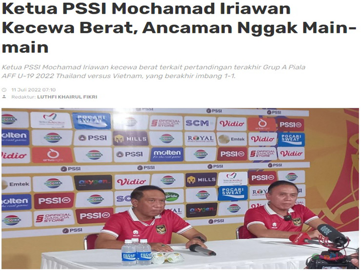 Chủ tịch liên đoàn bóng đá Indonesia yêu cầu điều tra tỉ số trận đấu giữa U19 Việt Nam và U19 Thái Lan