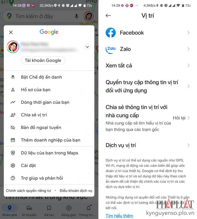 Truy cập vào phần cài đặt vị trí trên ứng dụng Google Maps. Ảnh: MINH HOÀNG