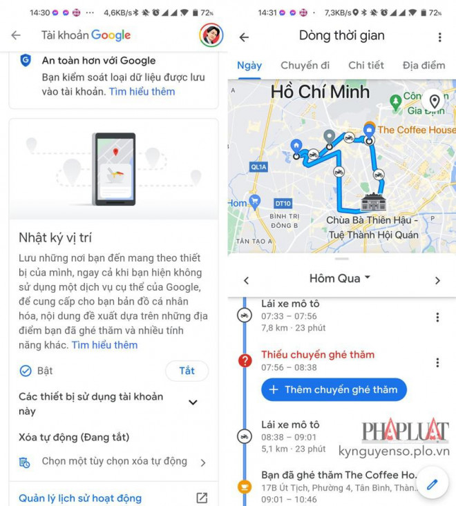 Google sẽ hiển thị toàn bộ hành trình di chuyển và từng chặng dừng. Ảnh: MINH HOÀNG