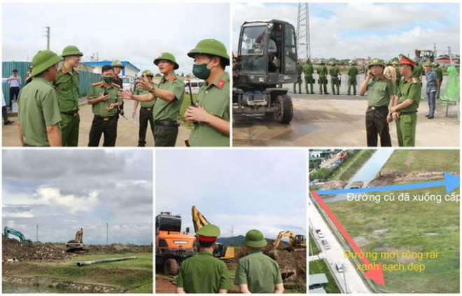 Lực lượng công an có mặt bảo vệ việc thi công tuyến đường - Ảnh: Công an cung cấp