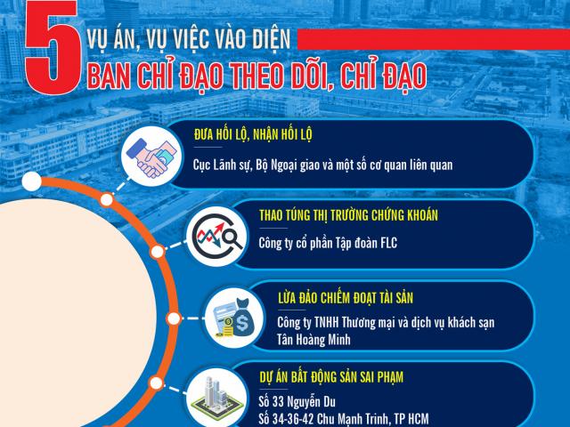 [Infographic] 5 vụ án, vụ việc vào diện Ban Chỉ đạo theo dõi, chỉ đạo