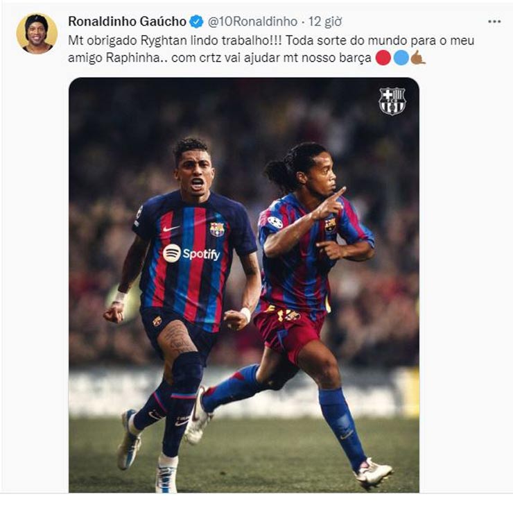 Trên Twitter cá nhân, huyền thoại Ronaldinho vừa gửi lời chúc tốt đẹp đến đàn em đồng hương Raphinha ở Barca