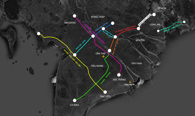 Sơ đồ các tuyến trục ngang, trục dọc hạ tầng giao thông đã và đang được đầu tư của Tây Nam Bộ