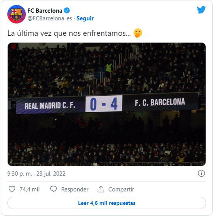 Trang Twitter chính thức của Barca đăng ảnh và thông điệp trêu tức Real