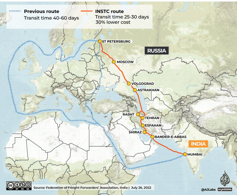 Bản đồ hành lang vận tải INSTC (ảnh: Aljazeera)