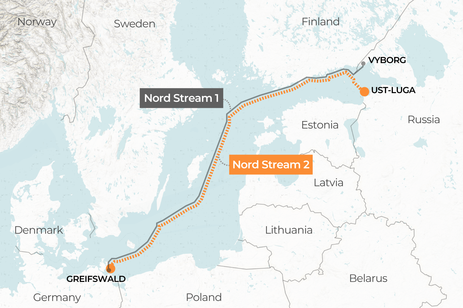 Bản đồ đường ống Nord Stream 2 dẫn khí đốt từ Nga đến Đức (ảnh: Aljazeera)