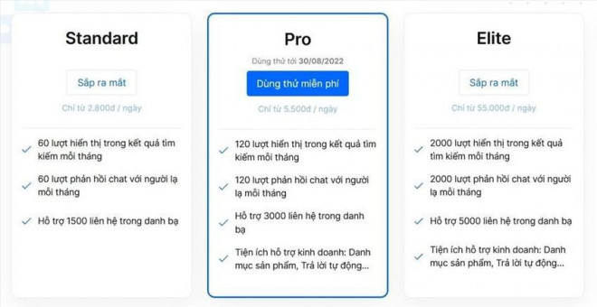 2 gói còn lại gồm Standard (giá 2.800 đồng/ngày) và Elite (55.000 đồng/ngày) chưa ấn định ngày ra mắt.