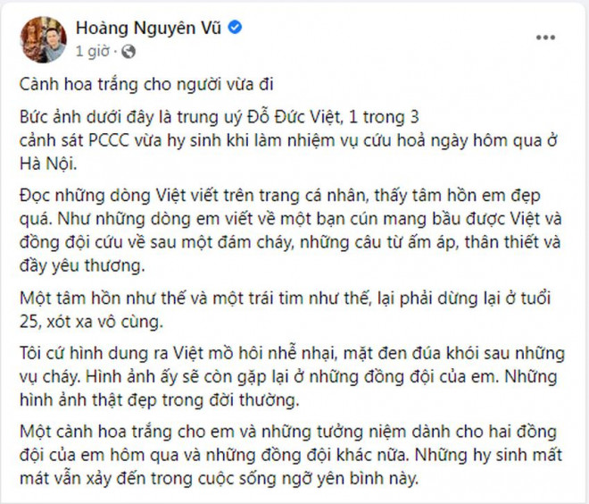 Chia sẻ của nhà báo Hoàng Nguyên Vũ. Ảnh: Chụp màn hình.