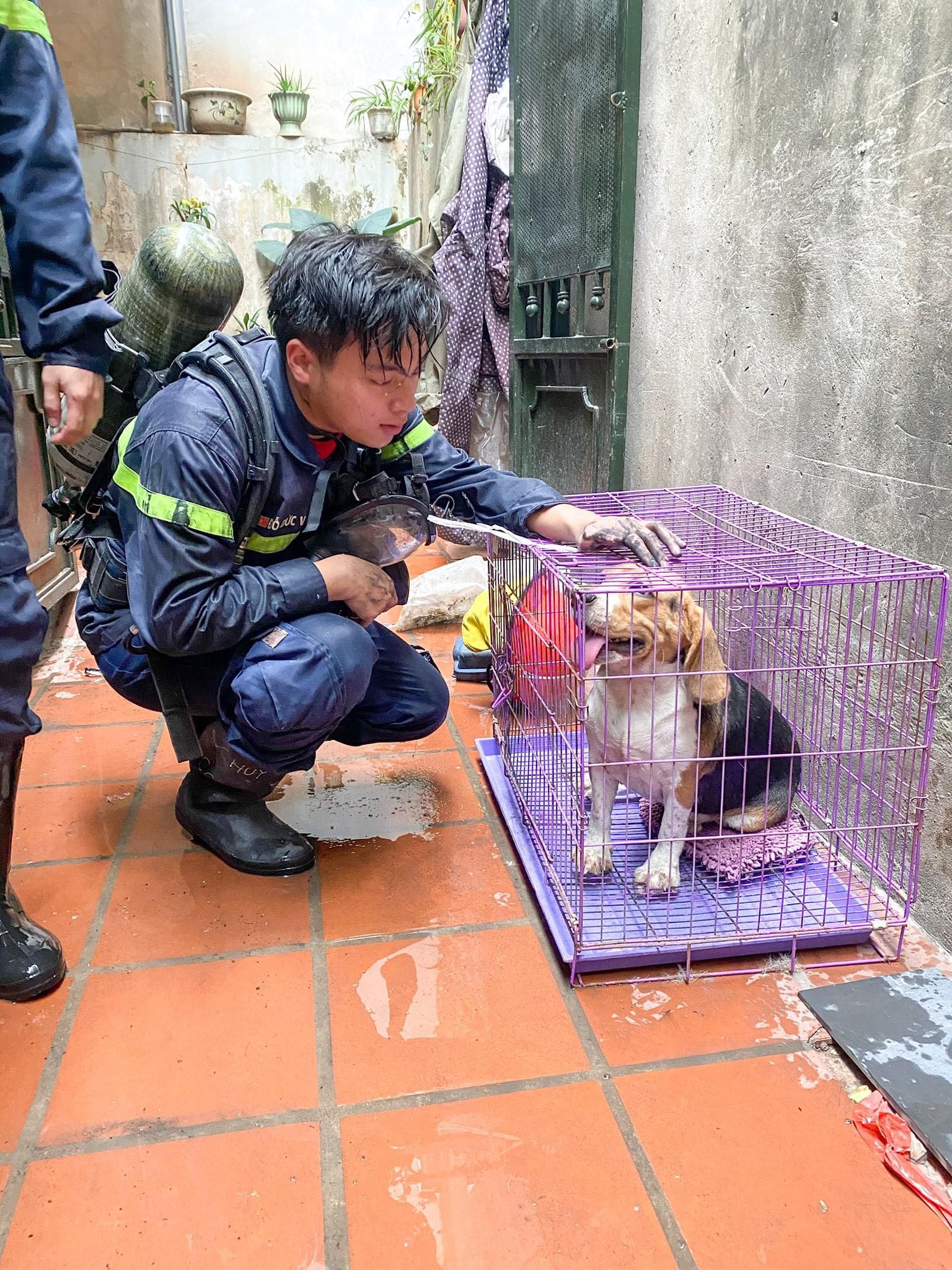 Thượng úy Việt bên chú cún được cứu trong một đám cháy