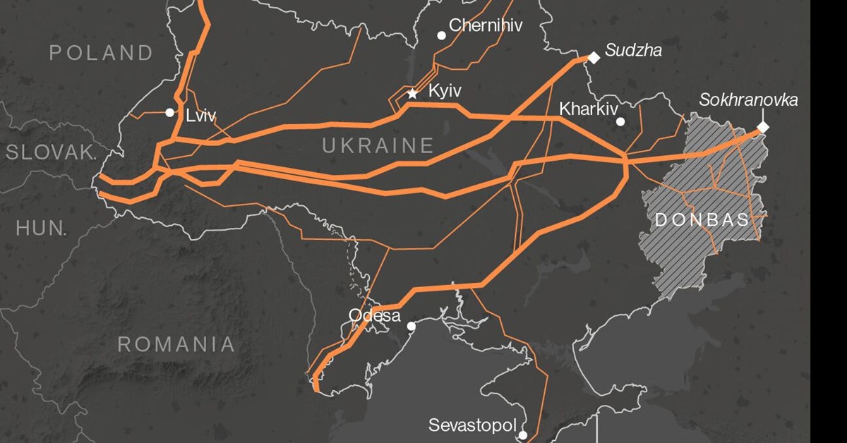 2 trạm trung chuyển khí đốt Sokhranovka và Sudzha trên bản đồ (ảnh: Bloomberg)