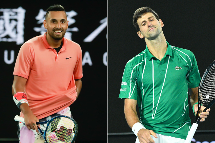 Kyrgios (trái) cười vui với cách tập luyện mới của Djokovic