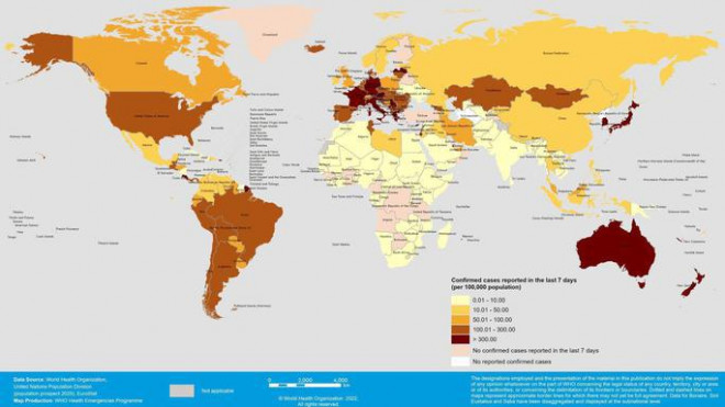 Bản đồ tỉ lệ ca mắc Covid-19 trên dân số toàn cầu, trong đó màu vàng nhạt là tỉ lệ tử vong thấp nhất, sắc độ càng chuyển dần sang đỏ và càng đậm là tỉ lệ cao dần - Ảnh: WHO