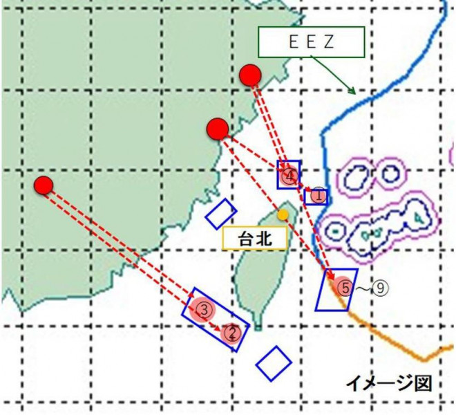 Nhật công bố bản đồ thể hiện 5 quả tên lửa đạn đạo của TQ rơi vào EEZ của nước này. Ảnh: Ảnh chụp màn hình website Bộ Quốc phòng Nhật