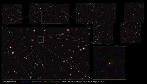 Một khung hình mới từ James Webb, trong đó thiên hà cổ đại nhất Massie là chấm đỏ được phóng to trong khung hình vuông bên cạnh - Ảnh: NASA / STScI / CEERS / TACC