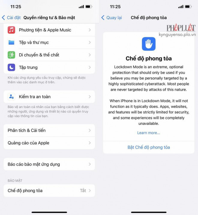 Kích hoạt chế độ phong tỏa trên iPhone. Ảnh: TIỂU MINH