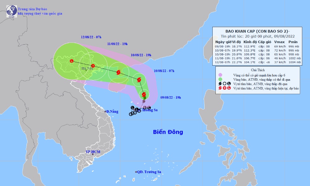 Vị trí và hướng di chuyển tiếp theo của bão số 2 Mulan. (Ảnh: Trung tâm Dự báo KTTVQG)