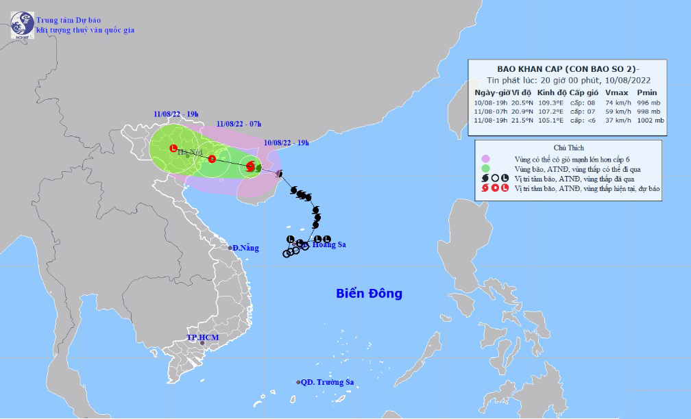 Vị trí và hướng di chuyển tiếp theo của bão số 2 Mulan. (Ảnh: Trung tâm Dự báo KTTVQG)