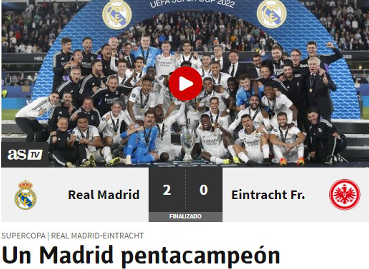 Tờ AS đặt thành tích 5 lần vô địch Siêu cúp châu Âu của Real Madrid trên tiêu đề