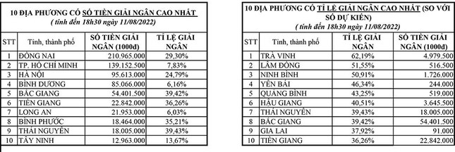 Những địa phương có tỷ lệ giải ngân hỗ trợ tiền trọ cao, xếp theo số tiền thực tế và tỷ lệ giải ngân thực tế so với dự kiên ban đầu.