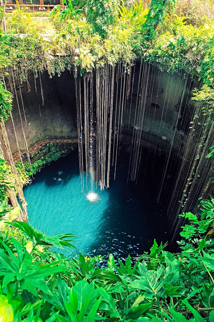 8. Trên các bức tường bên trong Cenote Ik Kil, có những thác nước nhỏ đổ xuống cùng với số lượng lớn các loài thực vật dây leo, tạo nên cảnh quan tuyệt đẹp.
