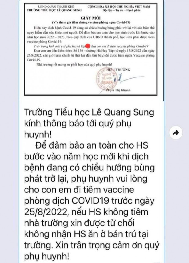 Thông tin từ chối tiếp nhận bán trú đối với học sinh chưa tiêm vắc xin mũi 1 của Trường Tiểu học Lê Quang Sung