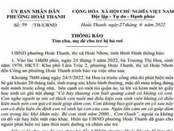 Bỏ rơi con trước nhà người khác với lời hứa ”có điều kiện sẽ về nhận lại”