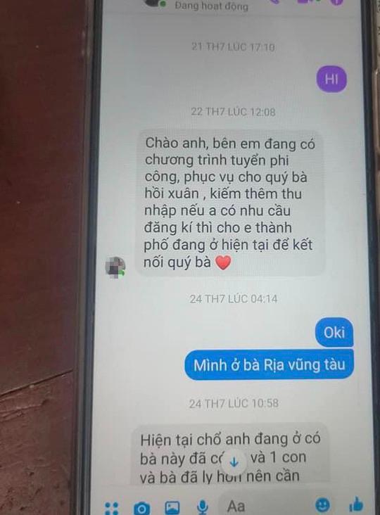 TIn nhắn mời chào của đối tượng có tên Facebook Đoàn Kim Đan cho nam thanh niên