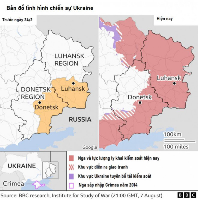 Bản đồ tình trạng chiến sự ở Ukraine tính đến ngày 7/8. Đồ họa: BBC/ISW