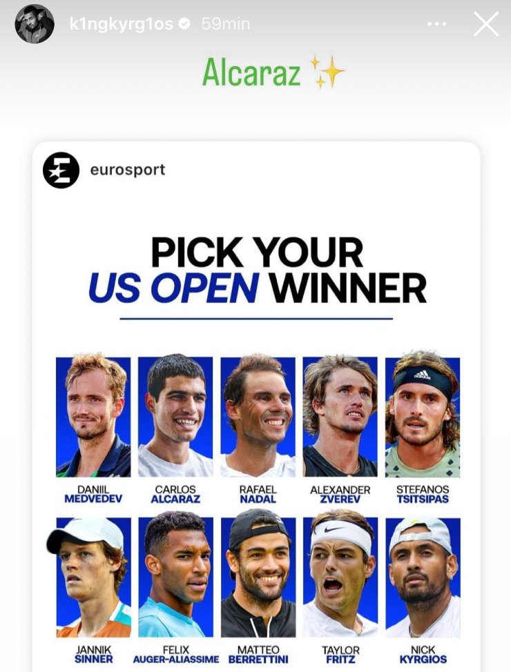 Nick Kyrgios chọn Alcaraz là ứng viên hàng đầu cho chức vô địch US Open