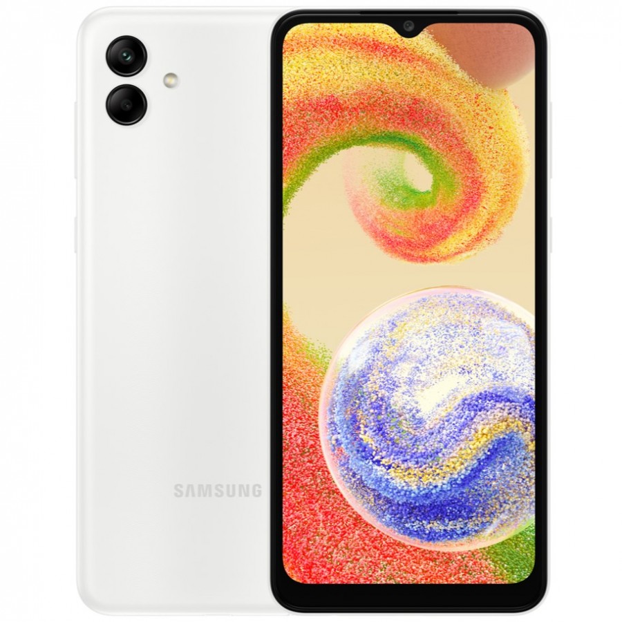 Galaxy A04 màu xanh lục và trắng.