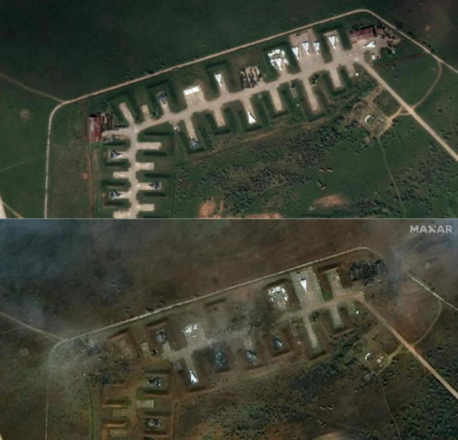 So sánh căn cứ không quân Saki trước khi bị nổ vào ngày 16-5 (ảnh trên) và sau khi bị nổ vào ngày 10-8. Ảnh: MAXAR
