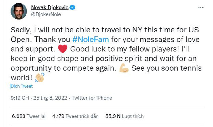 Novak Djokovic viết dòng tweet tối 25/8 xác nhận rút lui khỏi US Open 2022