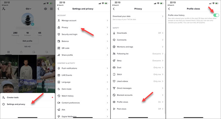 Kích hoạt tính năng Profile views trên ứng dụng TikTok.