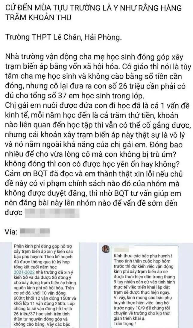 Thông tin phản ánh về việc giáo viên Trường THPT Lê Chân vận động phụ huynh góp tiền xây trạm biến áp.