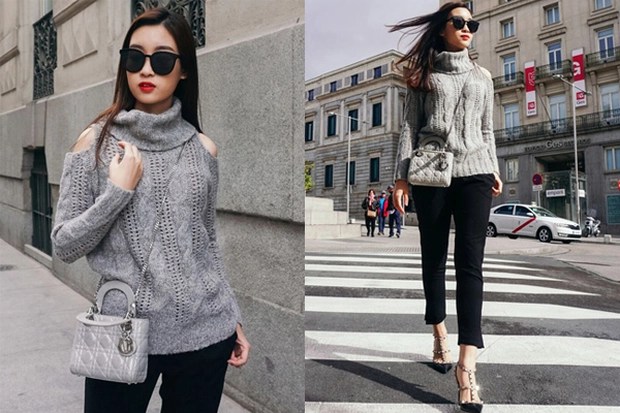 Trong một outfit khác, Đỗ Mỹ Linh chọn túi hiệu Dior có giá khoảng 70 triệu đồng, giày Valentino khoảng 22 triệu đồng. Gu thời trang của cô có sự thay đổi trong nhiều năm qua, cô chọn mặc trang phục sắc màu thay cho những item đơn sắc cơ bản như trắng/đen...