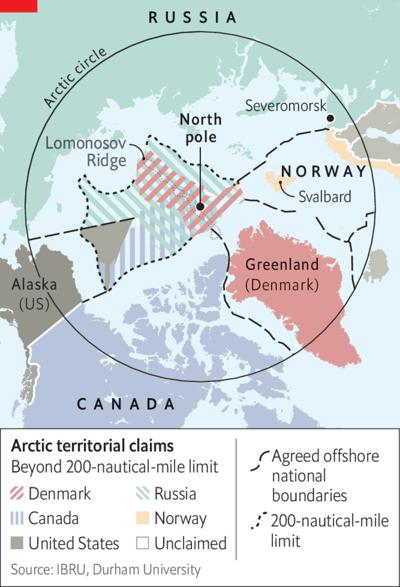 Bản đồ 8 quốc gia có lãnh thổ ở Bắc Cực.