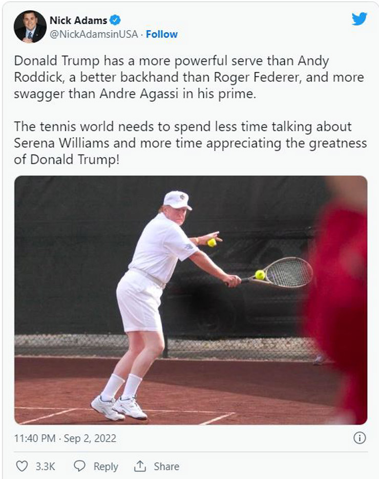 Nick Adams khen cựu Tổng thống Mỹ Donald Trump giao bóng hay đánh trái tay hay hơn cả Andy Roddick và Roger Federer