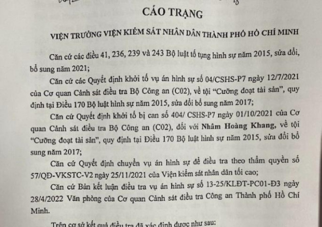Cáo trạng VKSND TP HCM truy tố Nhâm Hoàng Khang