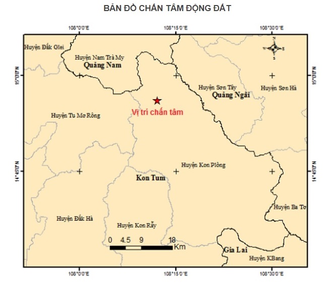 5 trận động đất liên tiếp xảy ra tại huyện Kon Plông, tỉnh Kon Tum. Ảnh Viện vật lý địa cầu